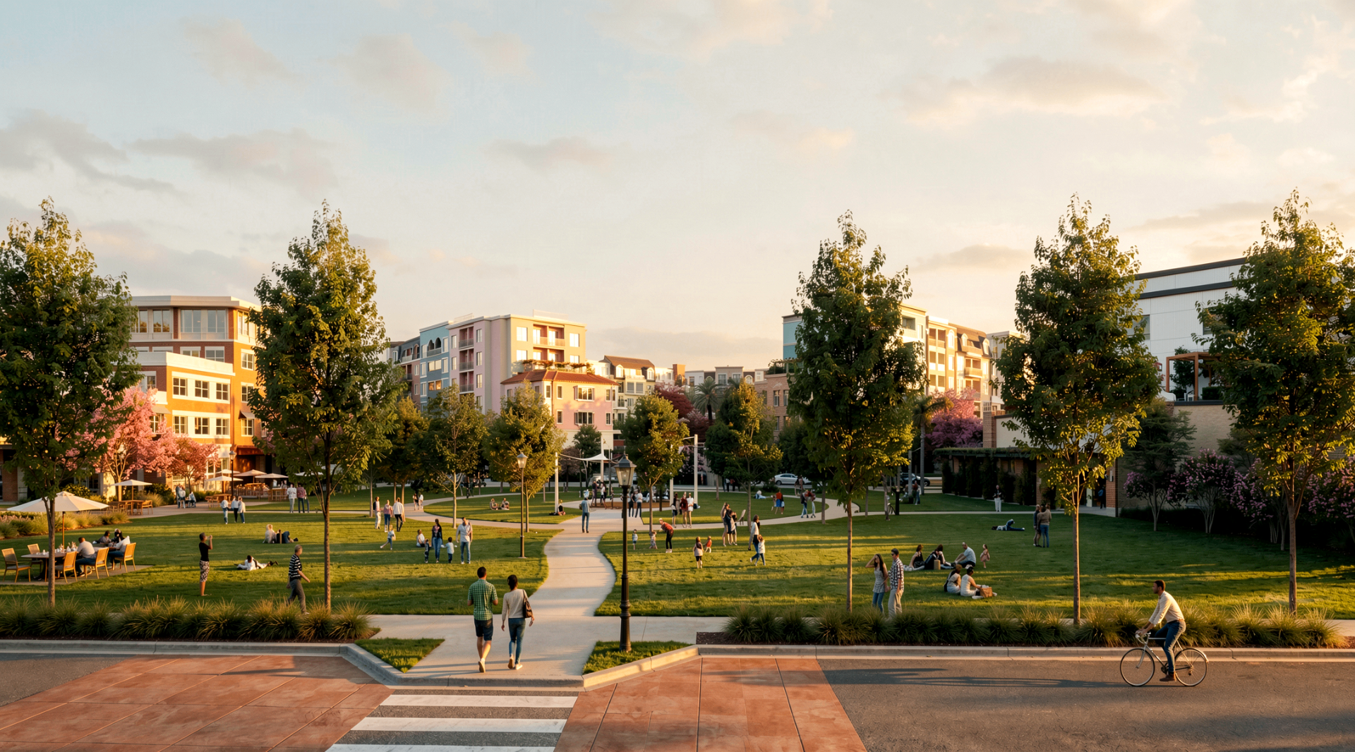 Central park and amphitheater surrounded by mixed-use buildings