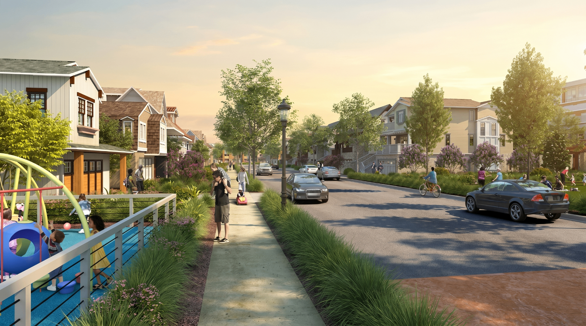 Tree-lined residential street with townhomes and playground